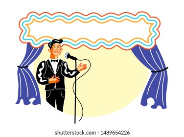 Showman on stage flat vector illustration. Smiling man in tuxedo with microphone, singer cartoon character. Show business, talent contest banner with copyspace. Announcer and blank sign board