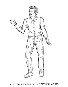 Showman. Portrait full length. Smiling young male entertainer, presenter or actor. Black and white vector illustration