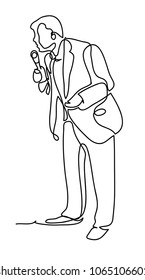 Showman presenter with microphone against white background. Showman concept. Continuous line drawing. Isolated on the white background. Vector monochrome, drawing by lines.