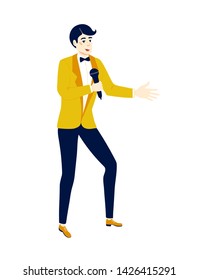 Showman or singer with a microphone. Event and Party Management. Performance on stage.