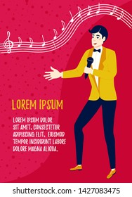 Showman or singer with a microphone. Event and Party Management. Performance on stage. Poster design template