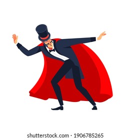 Showman spreading hands, show begins. Magician wearing suit, red cloak and top hat standing. Snowman posing playful looking aside smiling cheerful full body shot. Cartoon vector illustration isolated.