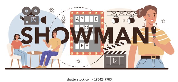 Showman Typographic Header. Television Host In Studio, TV Presenter