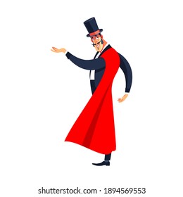 Showman. Young male entertainer, presenter or actor on stage. A guy in the red cloak, cartoon vector illustration isolated on a white background.