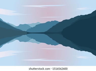 Shown in the foreground is a calm body of water showing mountains with clear skies and clouds, mountain shore vector