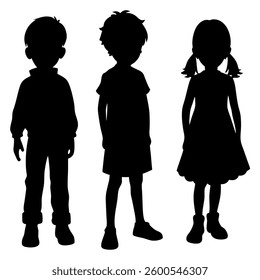 Shown are the full-body silhouettes of three young children, two boys and a girl, positioned side-by-side against a plain white background.