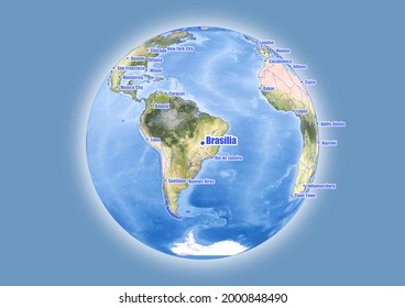 Brasília-Brazil is shown on vector globe map. The map shows Brasília-Brazil 's location in the world.