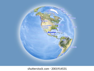 Mazatlán-Mexico is shown on vector globe map. The map shows Mazatlán-Mexico 's location in the world.