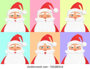 Shown set of different emotions from Santa Claus on colourful background. Vector illustration of normal, sleepy cool funny angry and surprised faces. Expressing moods through nonverbal communication.