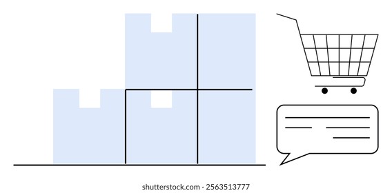 Shown are stacked boxes, a shopping cart, and a speech bubble. Ideal for online shopping, warehouse logistics, e-commerce, delivery services, and inventory management. Clean and modern style