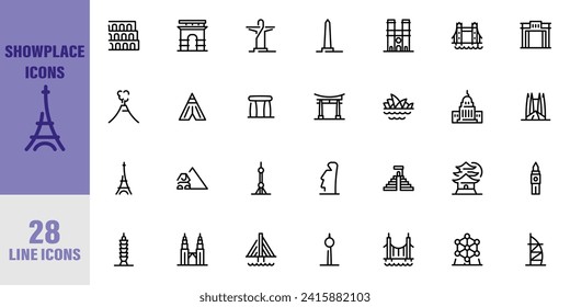 Showplace Icon Set. 28 Places and Landmarks of the World Pixel Perfect Icons (Line Style). Vector icons of famous places and buildings around the world. Vector Illustration. Vector Graphic. EPS 10