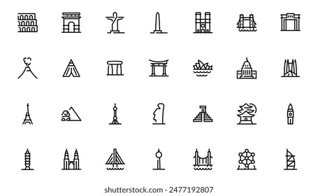 Showplace-Symbolsatz. 28 Orte und Wahrzeichen der Welt Pixel Perfect Icons (Line Style). Vektor-Ikonen von berühmten Orten und Gebäuden auf der ganzen Welt. Vektorillustration. Vektorgrafik-Grafik. EPS 10