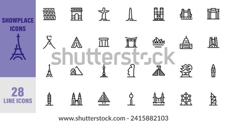 Showplace Icon Set. 28 Places and Landmarks of the World Pixel Perfect Icons (Line Style). Vector icons of famous places and buildings around the world. Vector Illustration. Vector Graphic. EPS 10