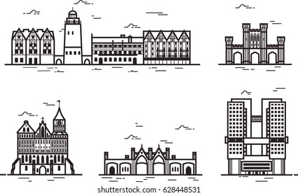 Showplaces in Kaliningrad. Icons of buildings of ancient architecture. 