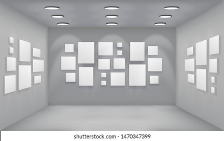 Showroom art gallery empty museum room interior background perspective with blank paper square frame vector template illustration