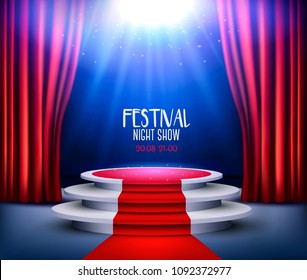 Showroom Background With A Red Carpet and Spotlight. Festival night show poster. Vector. 