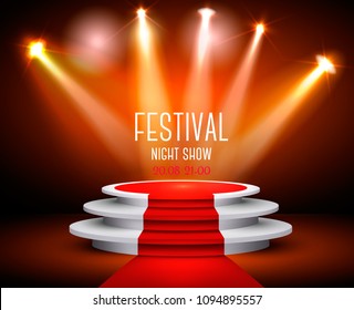 Showroom Background With A Red Carpet and Spotlight. Festival show poster. Vector. 