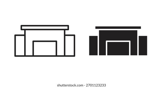 Showroom icono Vector glifo plano y línea de trazo de moda pack