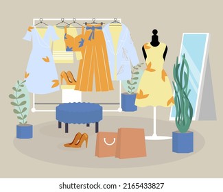 Showroom interior with fashion accessories and clothes on hanger. Inside modern women boutique shop. Flat vector illustration of retail store shopping