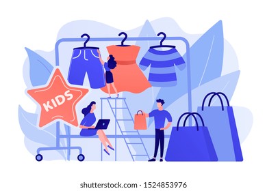 Showroom with kids clothes on hangers, designer and customers with shopping bags. Kids fashion, baby style showroom, kids clothes market concept. Pinkish coral bluevector isolated illustration