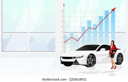 Showroom with new expensive car. Increase arrow of stock, boost sales of vehicles. Price growing on graph bars. Costs chart grow of luxury sport transport. Agent, woman dealership. Vector illustration