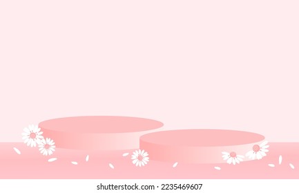 Showroom place. pink studio background with round shape podium display and daisy flower vector illustration.