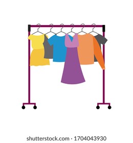 Showroom rack with women clothes flat cartoon vector illustration isolated on white background. Fashion show or theater dressing room hanger frame icon.