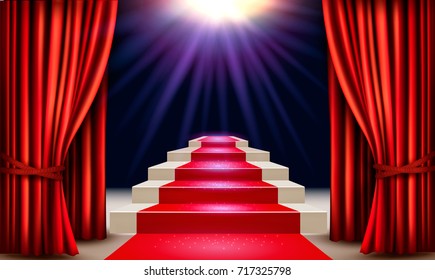 Showroom with red carpet leading to a podium with curtains. Vector