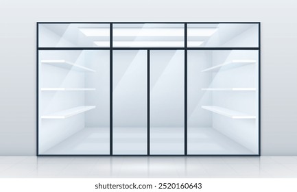 Showroom ou loja com janelas transparentes de vidro e porta com entrada moldura preta. Exibição vazia realista com luzes brilhantes de design de luz.