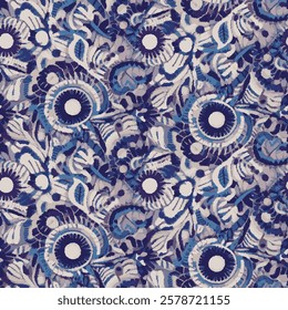 shows an abstract floral pattern in shades of blue and white
