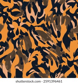 shows an abstract pattern of black, brown and beige colors randomly distributed on an orange background