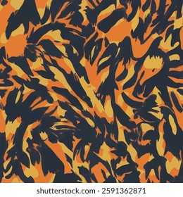 shows an abstract pattern with intense use of orange and black colors