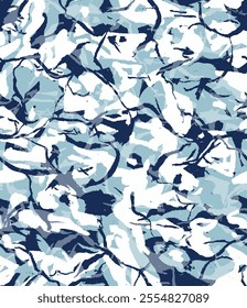 It shows an abstract pattern in shades of blue, white and dark blue. The pattern consists of organic shapes that appear to be entangled and blended together.