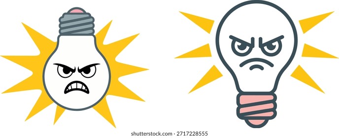 Muestra una bombilla enojada con la expresión del mal de ojo que emite rayos de energía afilados. Representa la frustración, la irritación, la furia, la rabia y el mal genio.