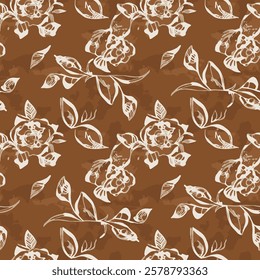 shows an arrangement of white floral patterns and leaves on a brown background