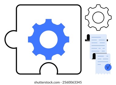 Shows a blue gear on a puzzle piece alongside a checklist and document. Ideal for business, process optimization, teamwork, project management, and task tracking. Modern, clean style