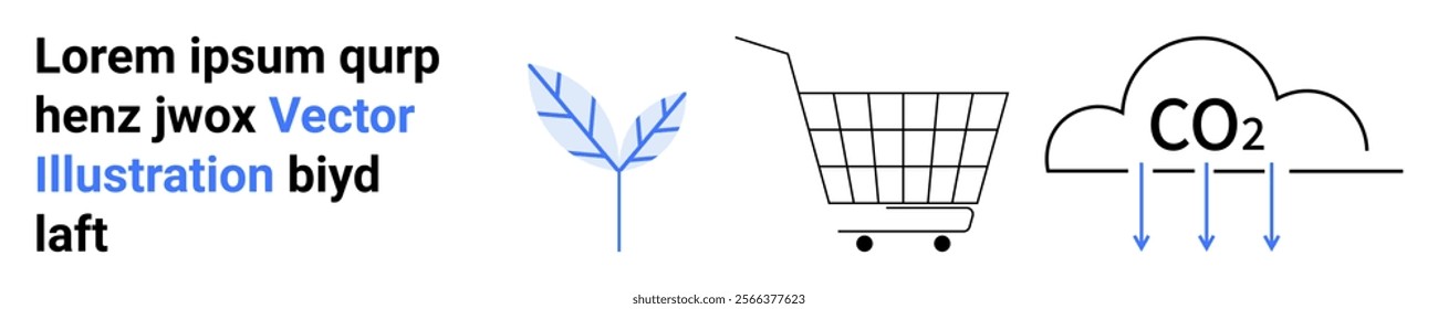 Shows a blue tree, a shopping cart, and a CO2 cloud with arrows. Ideal for ecology, sustainability, environmental impact, carbon footprint, and e-commerce. Landing page