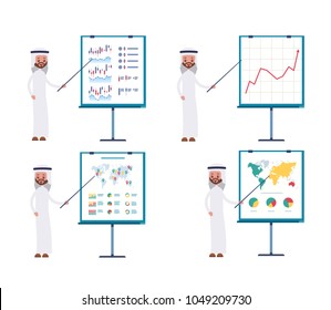 shows the business process by a pointer on the layout. Arab saudi businessman. cartoon character set.