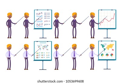 shows the business process by a pointer on the layout. indian businessman. cartoon character set.