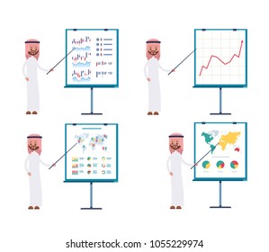 shows the business process by a pointer on the layout. Arab saudi businessman. cartoon character set.