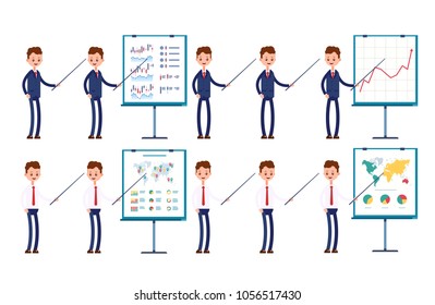 shows the business process by a pointer on the layout. businessman. cartoon character set.