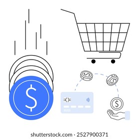 Mostra moedas com símbolos de dólar, um carrinho de compras, uma mão segurando uma moeda e um cartão indicando pagamentos digitais. Ideal para comércio eletrônico, finanças, transações digitais, pagamentos móveis, compras on-line