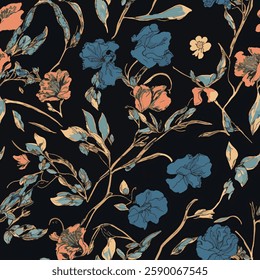 shows a design with floral patterns in blue and orange tones on a dark background