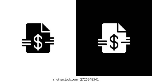 Zeigt das Dokumentensymbol mit einem Dollarzeichen an, das sowohl in schwarzen als auch in weißen Variationen auf dem jeweiligen Hintergrund angezeigt wird. Perfekt für die Illustration von Finanzthemen.