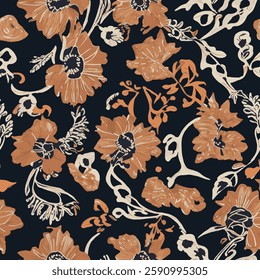 shows a fabric or wallpaper pattern with floral patterns in shades of orange and white on a dark navy blue background