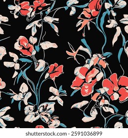 shows a fabric or wallpaper pattern with floral designs in red, white and blue tones on a black background