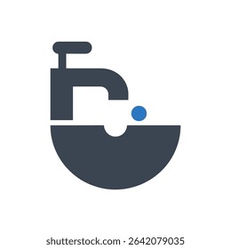 Shows a faucet above a sink with water drop icon