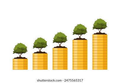 Shows financial development and business growth with trees growing on coins. The concept of saving money. Finance for sustainable development. Money in storage. Business investment. Economic growth.