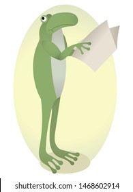 It shows a frog reading a newspaper. She thought.