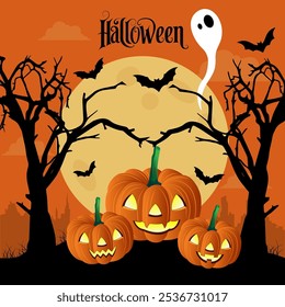  It shows a full moon, bats, a spooky tree jack o lanterns a ghost and the word Halloween in a spooky font The overall atmosphere is dark and eerir perfect for Halloween